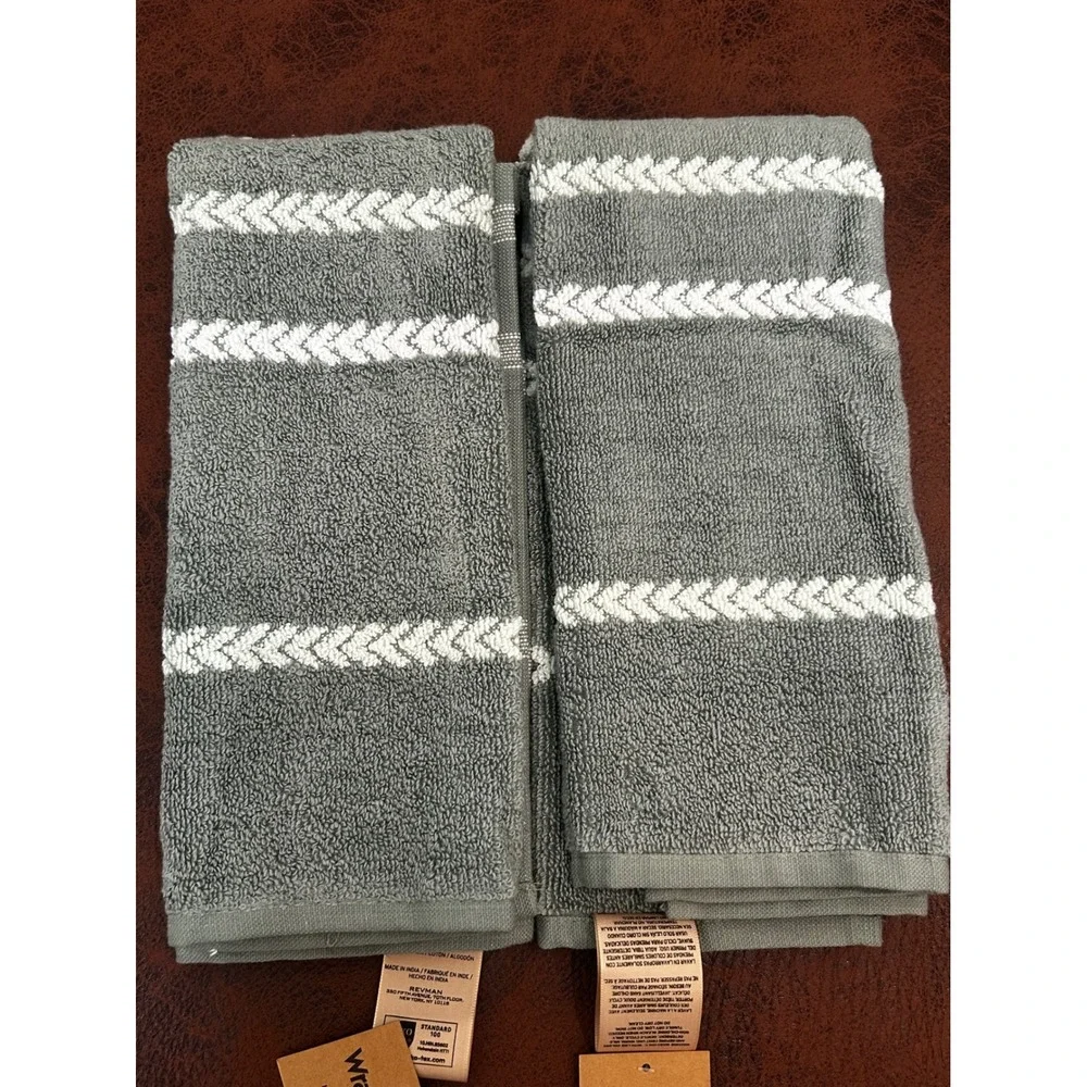 Wrangler Hand Towel Set of 2 Green White Chevron Stripe 100%‎ Cotton 16x26 New